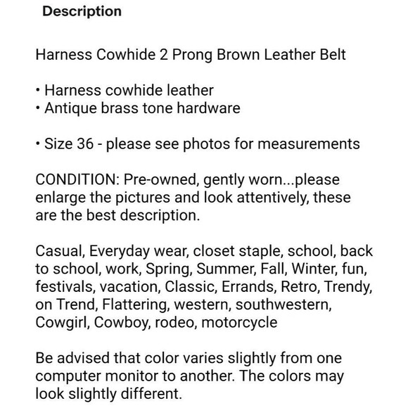 Harness Cowhide 2 Prong Brown Leather Belt   Unisex Size 36  Men's Women's - Picture 14 of 14